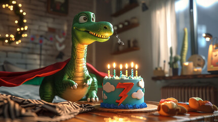 Brachiosaurus wearing a superhero cape, blowing out candles on a cake with a lightning bolt...