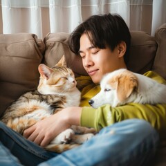A young man is lying on a couch with a cat and a dog