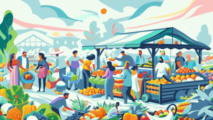 Fototapeta premium Vibrant Outdoor Farmers Market Scene with Bustling Shoppers
