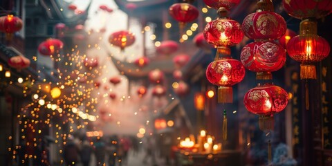 Chinese New Year celebration with red lanterns and firecrackers in Chinatown