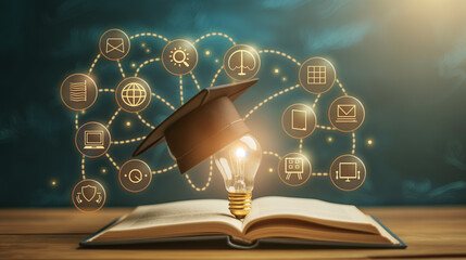 Radiant light bulb with a graduation hat surrounded by education-related icons on an open book representing learning and success