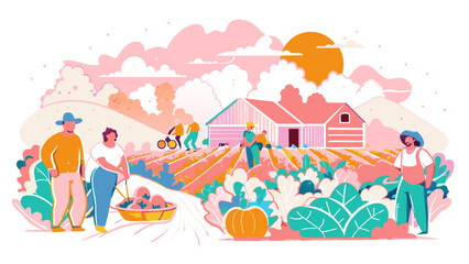Fototapeta premium Vibrant Illustration of Farmers Harvesting Organic Produce at Sunset