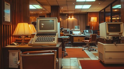 A retrofuturistic 70s office with vintage computers and CRT monitors
