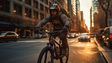 Cyclist rides through urban city street at sunset
