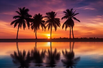 Palm trees on beach at sunset with vivid orange sky and purple water reflection