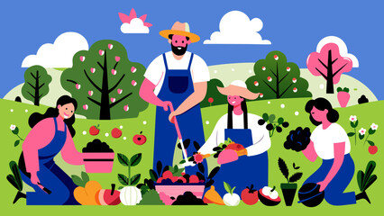 Fototapeta premium Colorful Illustration of People Gardening in a Lush Green Landscape