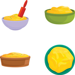 Potato dish icons set cartoon vector. Fresh mashed potato on bowl. Food concept