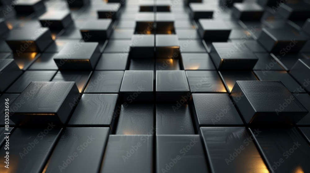 Fototapete abstract 3d rendering of a surface with black cubes and glowing yellow lines between them