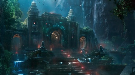 Mystical ancient temple amidst lush forests and cascading waterfalls at night
