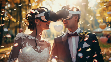 Bride and Groom in VR Headsets with Autumn Leaves Falling, Long Distance Relationship