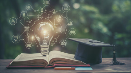 Light bulb glowing on an open book with a graduation cap and icons indicative of various academic sectors and achievements