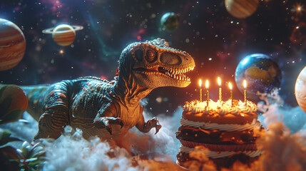 Dinosaur astronaut celebrating in space, blowing out candles on a cake with floating planets.