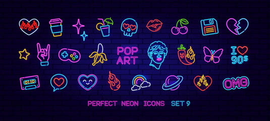 Pop art neon icons set 9. Retro Neon sign pop art 90s . Vector Neon light banner, emblem set of heart, gamepad, audio cassette, coffee pizza, cherry, cocktail.  Bar and night club glow neon icon sign
