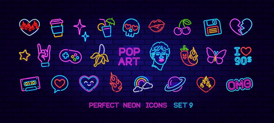 Pop art neon icons set 9. Retro Neon sign pop art 90s . Vector Neon light banner, emblem set of heart, gamepad, audio cassette, coffee pizza, cherry, cocktail.  Bar and night club glow neon icon sign © VRTX