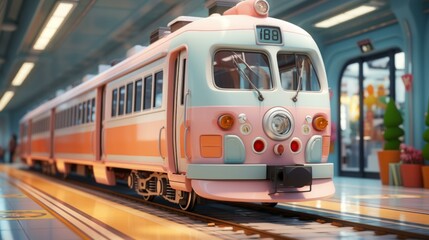 Fototapeta premium A pink and blue train is in a station.