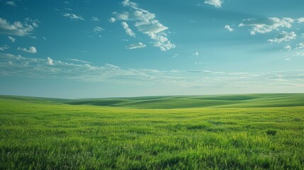 Vast green grassy field under blue sky with clouds