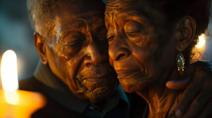 portrait of an elderly African American couple embracing tenderly, their faces illuminated by the warm glow of candlelight during a Juneteenth vigil - obrazy, fototapety, plakaty