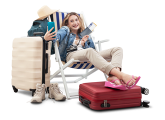 Tourist woman in travel attire, seated on deck chair with trolley suitcases, using mobile phone make a selfie. Summer beach holiday, flight and vacation travel booking. Travel influencer lifestyle