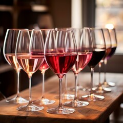 A variety of red and white wine in wine glasses