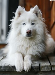 A white dog with blue eyes is sitting on a wooden floor