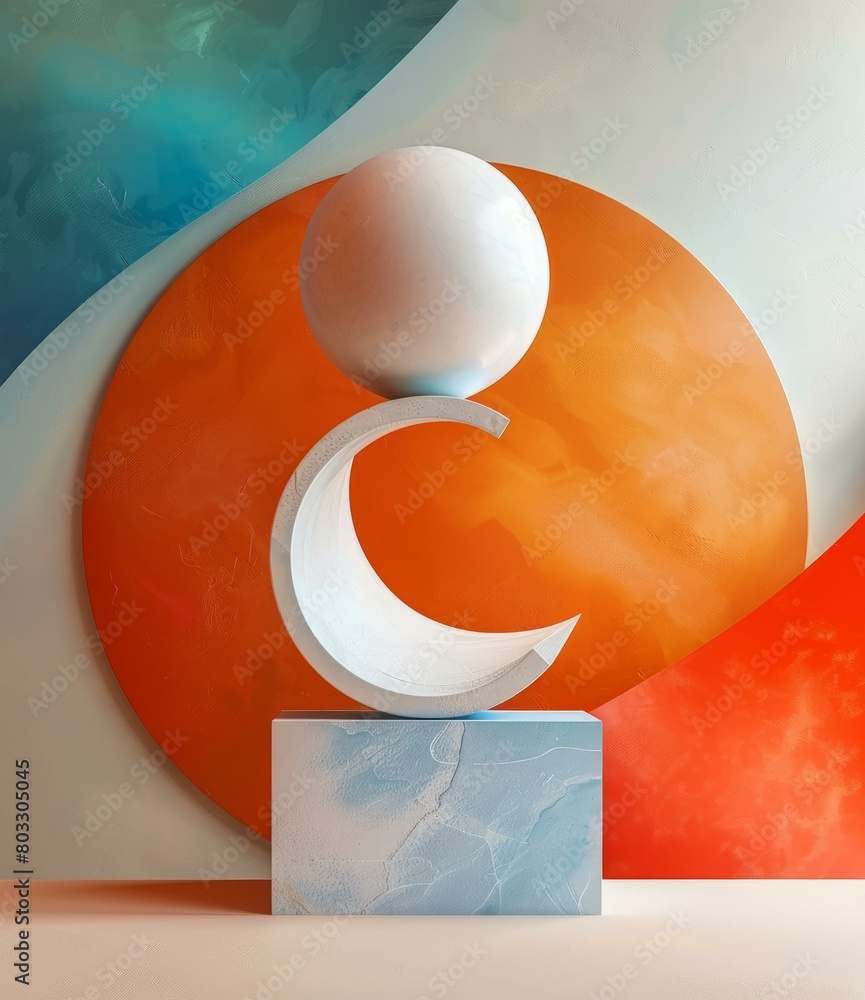 Poster 3d rendering of a crescent moon balancing on a rectangular plinth against an orange backdrop