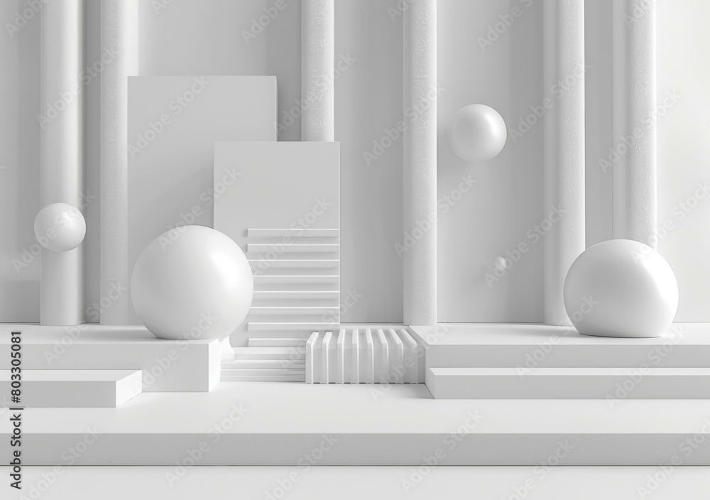 Poster 3d rendering of a white minimalist geometric podium with floating spheres