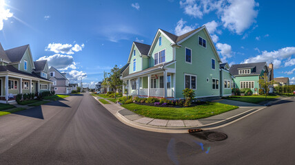 Panoramic angle capturing the entire street, with a standout seafoam green house with siding at its heart, epitomizing suburban harmony. - obrazy, fototapety, plakaty