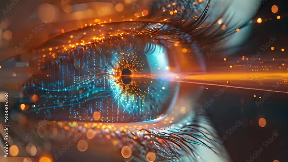 Poster A detailed view of an eye blended with visual data streams.