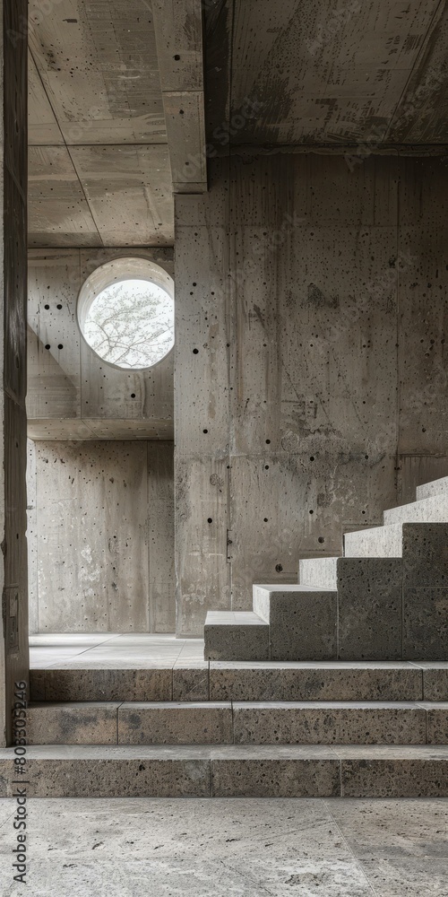 Poster steps lead up to a round window in a concrete building