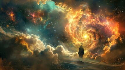Silhouette of a person contemplating cosmic phenomena in a vibrant galaxy