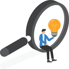 Find new ideas in business. New opportunity, idea or inspiration, innovation or creativity, woman with light bulb ideas sit on magnifying glass

