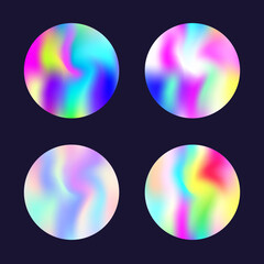 Gradient round set with holographic mesh. Abstract hologram. Multicolor gradient round set. Minimalistic 90s, 80s retro style graphic template for flyer, poster, banner, mobile app.