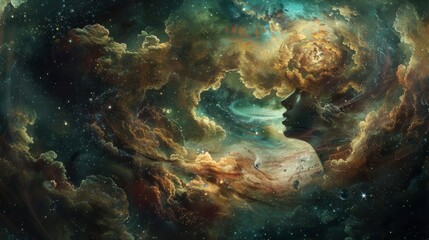 Man standing on pathway gazing at a spiraling galaxy amidst a cosmic landscape