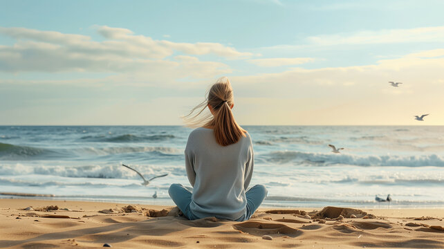 A serene portrait of a woman sitting cross-legged on the sand, gazing out at the vast expanse of the ocean with a contemplative expression, as seagulls soar overhead and gentle waves roll in