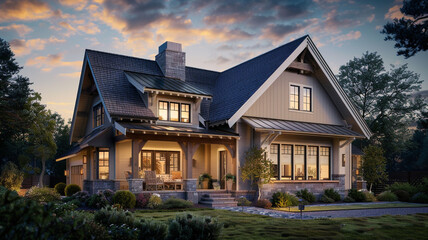 Pre-dawn angle of a warm taupe craftsman cottage with a rustic gambrel roof, the first hint of morning light beginning to reveal the homea