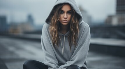 Portrait of a young woman in a gray hoodie looking at the camera with a serious expression
