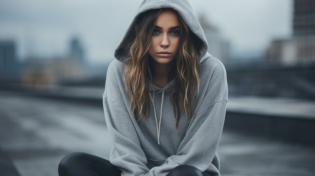Portrait of a young woman in a gray hoodie looking at the camera with a serious expression