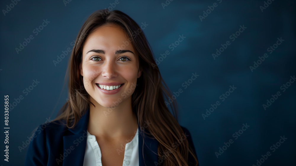 Wall mural a sophisticated portrait of a smiling woman against a classic navy blue background, exuding confiden