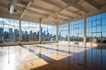 Fototapeta premium Modern interior of an empty room with large windows and a beautiful city view