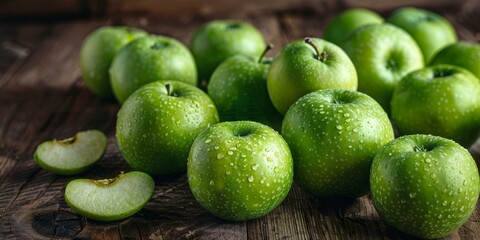 Green apples on a wooden table