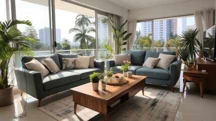 Airy living room with large windows and a view of the city
