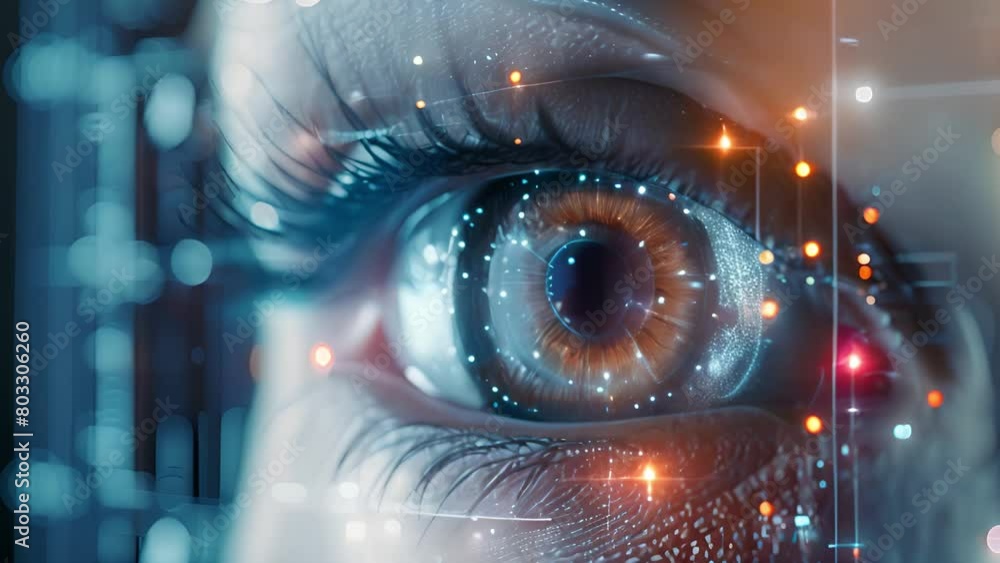 Aufkleber close-up of a womans eye with a futuristic digital interface displayed in the background.