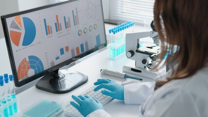 In the laboratory of medical biotechnology, where new technologies for production medicines are researched, female bioengineer studies processes biosynthesis. Enters data into the PC on the keyboard - Powered by Adobe