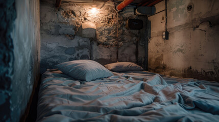 A bed in a secret hideout. Hide from people or disaster in a bunker