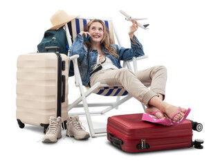 Tourist woman in travel attire, on deck chair with trolley suitcases, show a model airplane, using...