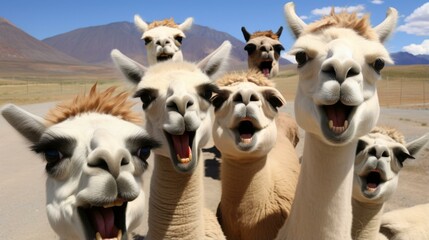 Obraz premium A group of llamas with their mouths open