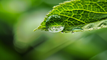 An exquisite macro capture of a droplet of water suspended on the edge of a green leaf