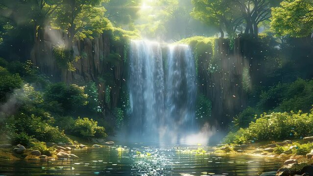 Animation natural waterfalls and rivers in the green forests seamless 4k video background. generated with ai	