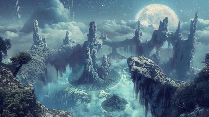 Mystical landscape with floating islands and a solitary figure gazing at majestic waterfalls