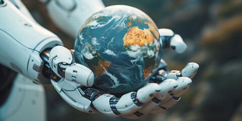 View to a robot holding earth globe on natural background. Saving planet and ecosystem concept.